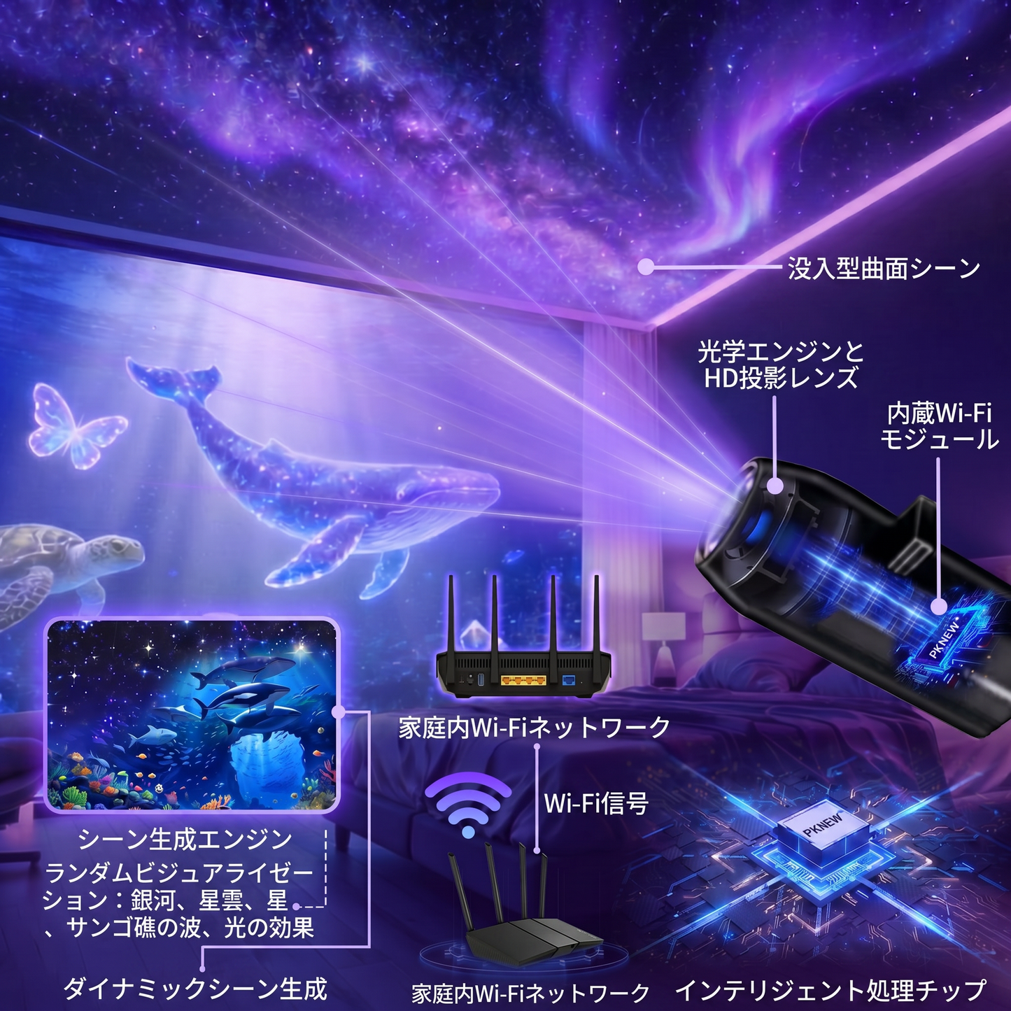PKNEW® 🦄【次世代5D】ダイナミック・ホログラフィック・プロジェクター ✨ 高画質HD スマート・ナイトライト