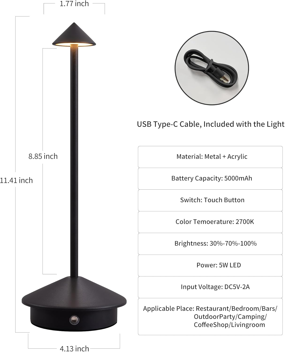 モダン コードレス テーブルランプ 2個セット 充電式LEDデスクライト 5000mAhバッテリー搭載 ポータブルナイトライト（ブラック）