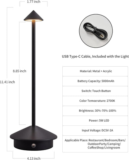 モダン コードレス テーブルランプ 2個セット 充電式LEDデスクライト 5000mAhバッテリー搭載 ポータブルナイトライト（ブラック）
