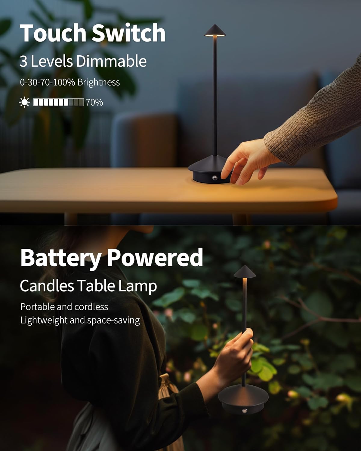 モダン コードレス テーブルランプ 2個セット 充電式LEDデスクライト 5000mAhバッテリー搭載 ポータブルナイトライト（ブラック）