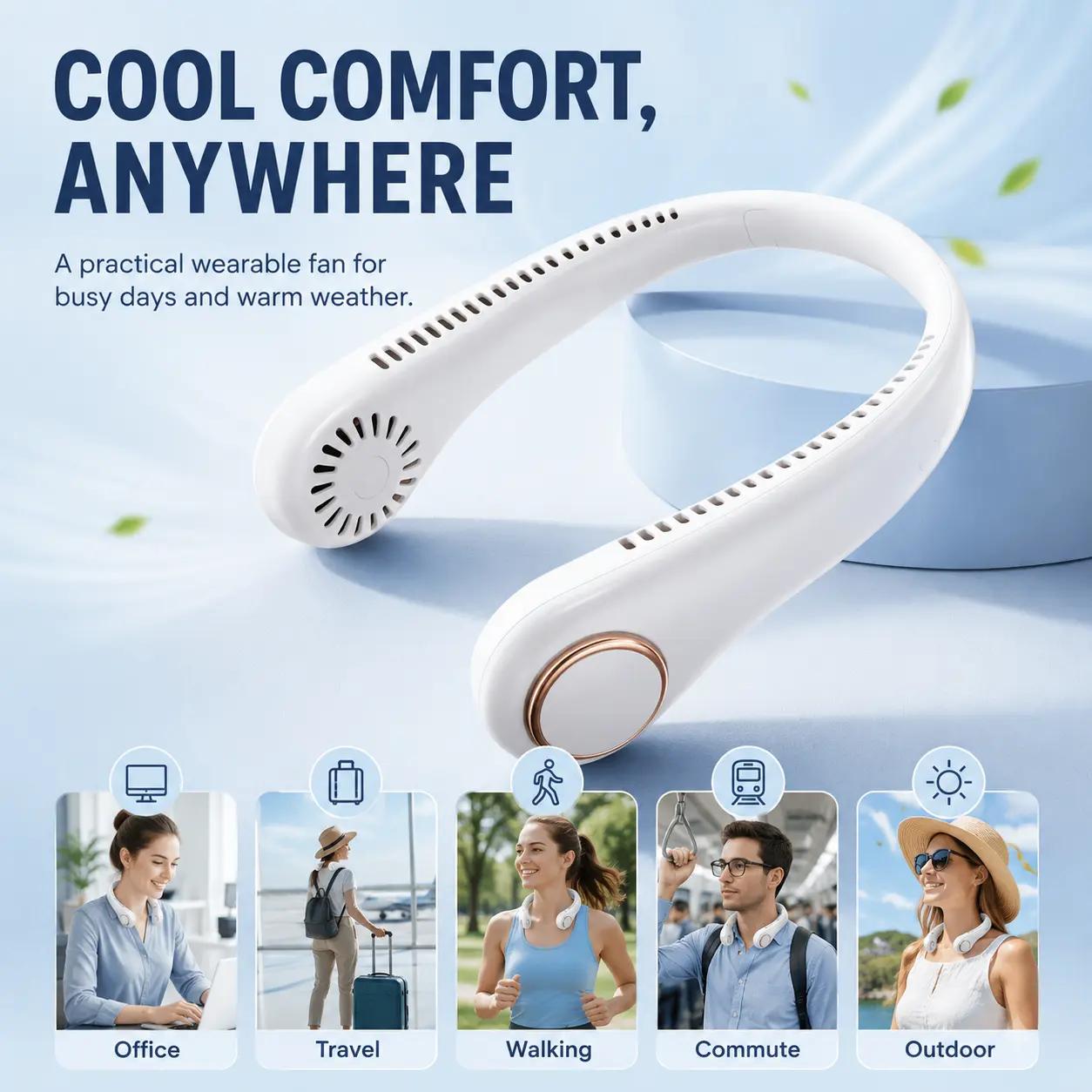 PKNEW®Portable Neck Fan, Bladeless Wearable Personal Fan, Hands-Free Cooling for Outdoor & Office